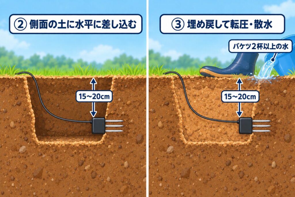 穴の側面の土にセンサーを水平にしっかり差し込み(深さ15〜20cm)、センサーを動かさないように埋め戻して転圧・散水する