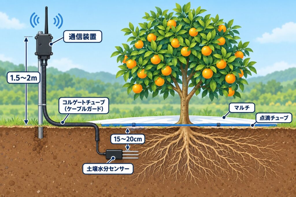 土壌水分センサーと通信装置の設置イメージ:センサーは葉圏の端より少し内側の深さ15〜20cmに埋設し、ケーブルはコルゲートチューブで保護して高さ1.5〜2mの通信装置に接続