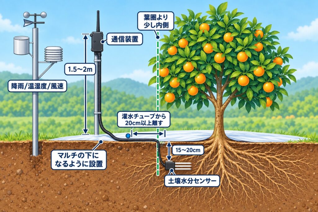 土壌水分センサーの設置位置:点滴チューブは樹間、センサーは葉圏の端より少し内側の深さ15〜20cmに、チューブから20cm以上離してマルチの下に設置
