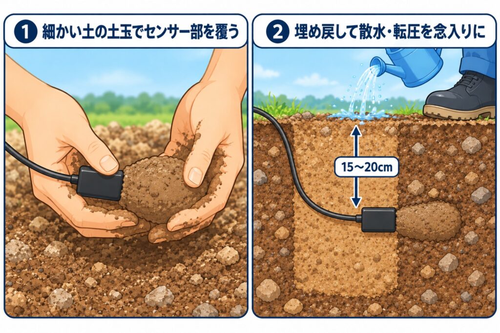 細かい土の土玉でセンサー部を覆い、縦穴の側面に掘った横穴に土玉ごと密着させて埋め込み、埋め戻して散水・転圧する