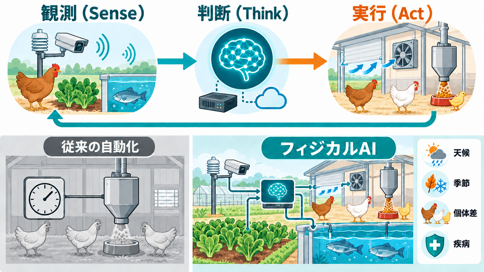 一次産業向けフィジカルAIの仕組み:観測(Sense)→判断(Think)→実行(Act)の閉ループと、従来の自動化との違い